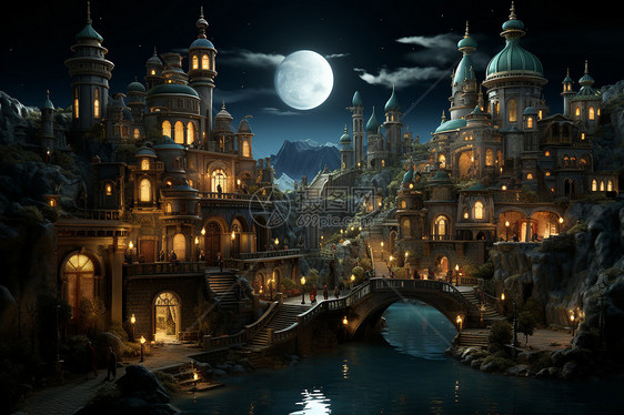 奇幻城堡下的月夜幻景图片