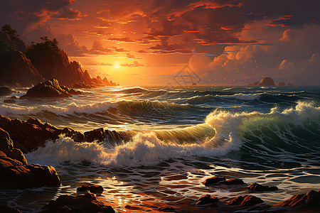 夕阳下的海岸艺术图片