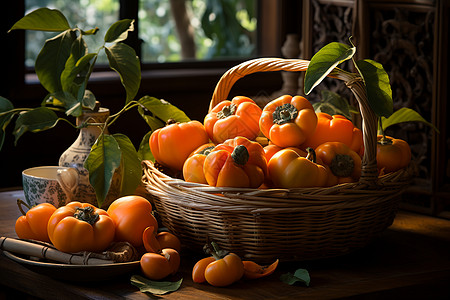 盘子手绘秋日手绘的柿子背景
