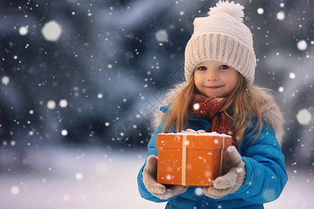 雪地中拿着礼物的女孩图片
