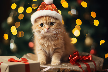 收到礼物猫咪带着圣诞帽的猫咪背景