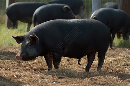农场内肥胖的黑猪背景