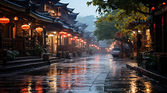 雨中静谧的古镇街道背景图片