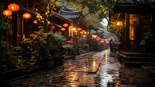 雨中的古典城镇街道图片