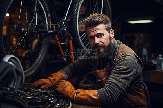 修理自行车的工人图片