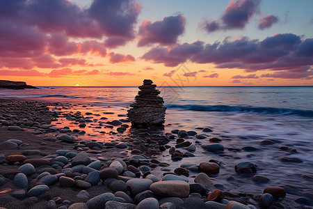 日落时海边的岩石图片