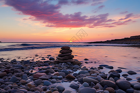 日落时海滩上的石头图片