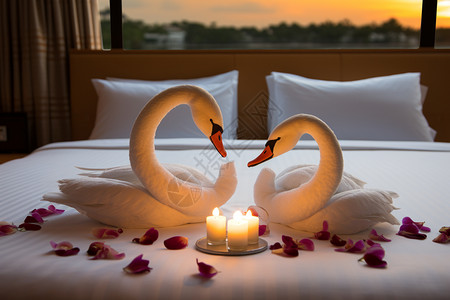 床上的毛绒天鹅和蜡烛鲜花图片