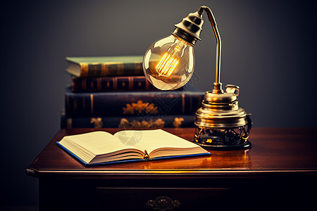 桌子上复古的灯具和书本图片