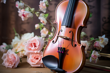 复古的提琴和花朵背景图片