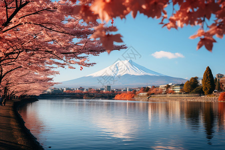 秋天的富士山与红叶湖背景图片