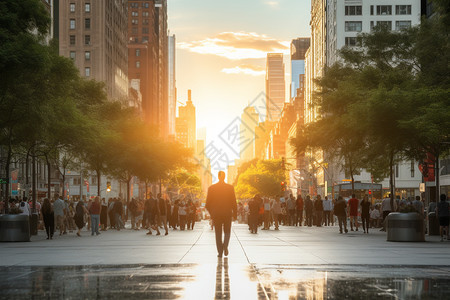 黄昏中步行城市街道的男子图片