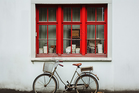 窗户旁停靠的自行车图片