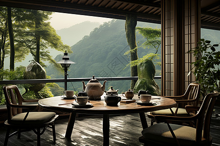 山脉中宁静的茶馆背景图片