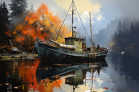 油画中的火焰森林：美国河边的渔船图片