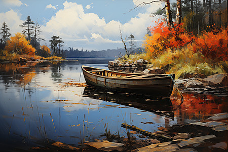 河畔渔船的油画图片