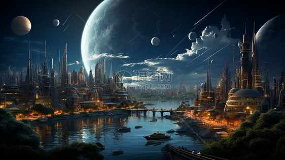 夜晚的科幻城市图片