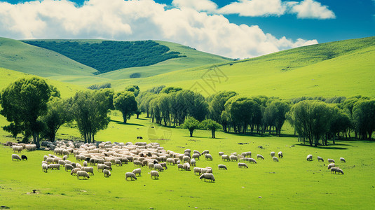 户外山坡中的羊群图片