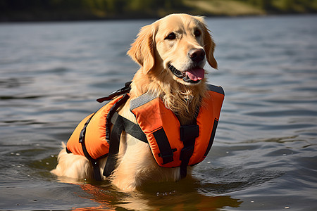 狗儿在水中穿着救生衣图片