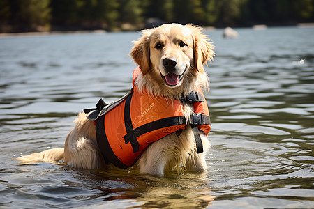 湖边的金毛犬穿着救生衣高清图片