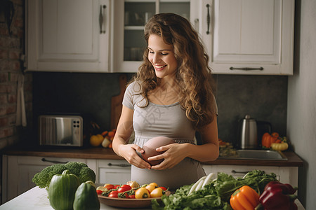 厨房内的孕妇和蔬菜图片