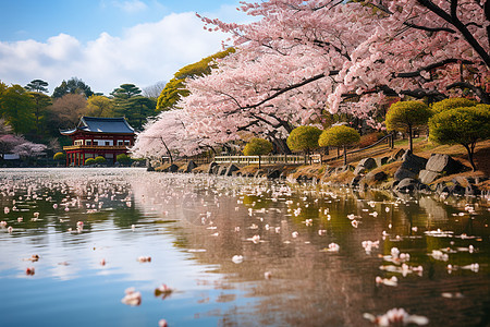 樱花映衬下的京都古庙图片