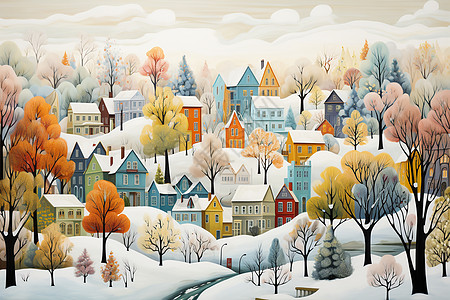 小镇冬景的艺术画图片