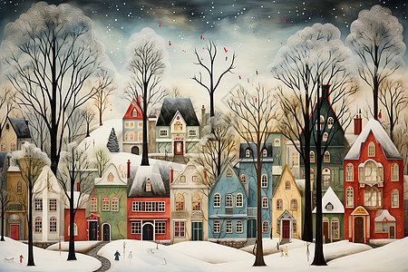 冬日童话城市的插画背景图片