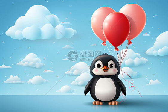 快乐的小企鹅贴纸在明亮天空下放飞气球图片
