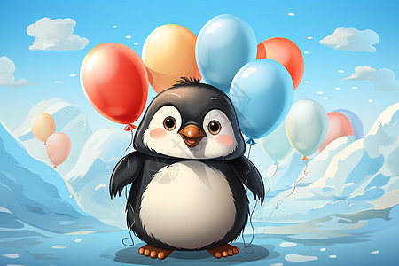 快乐的小企鹅在蓝天下放风筝图片