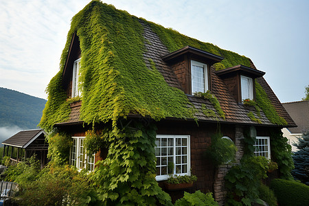 绿草覆盖的房子图片