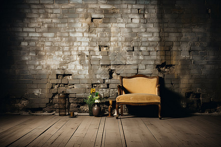 木质地板上的砖墙和椅子花瓶高清图片