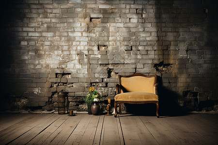 木质地板上的砖墙和椅子花瓶图片