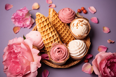 桌上的冰淇淋和花朵图片