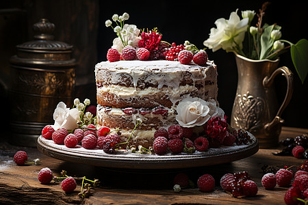 装饰精美的红丝绒蛋糕高清图片