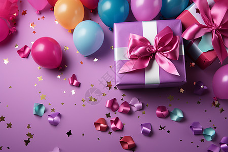 紫色彩带彩色的礼物盒背景