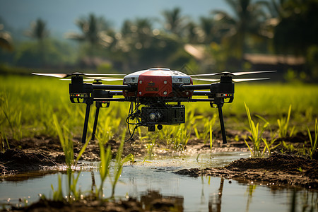 红色无人机喷洒稻谷图片