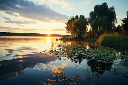 夕阳映照的湖面图片