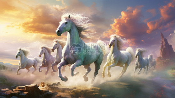 一群在云中奔跑的马图片