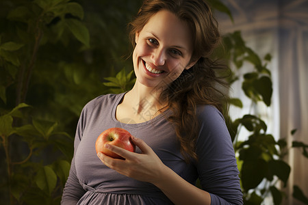 孕妇手持红苹果微笑图片