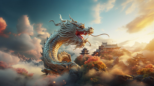 中国龙飞在古建筑的上高清图片