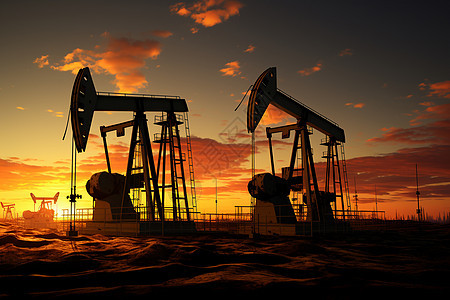 沙漠黄昏中的油井图片