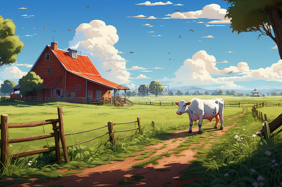 红色农舍牛群在田野上图片