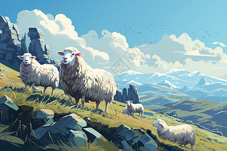 乡野天地中的艾利斯与山羊画：一幅如童话插图般的艺术背景图片