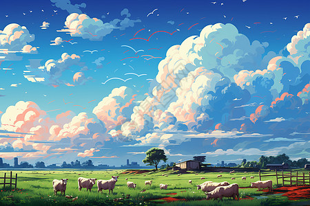 插画田野中的牛羊群图片
