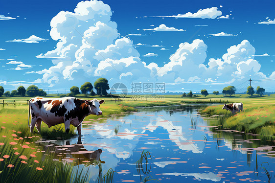 田园风光中的河畔牛群图片