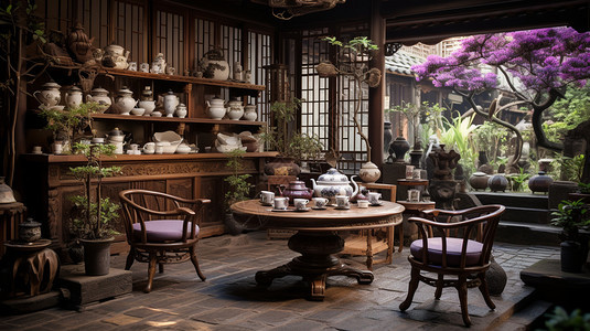 传统中式建筑大厅里的桌椅图片