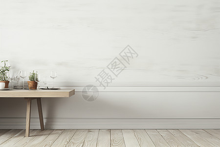 白墙下的木桌图片
