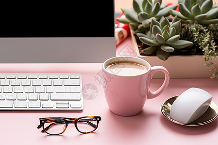 粉色办公桌上的咖啡背景图片