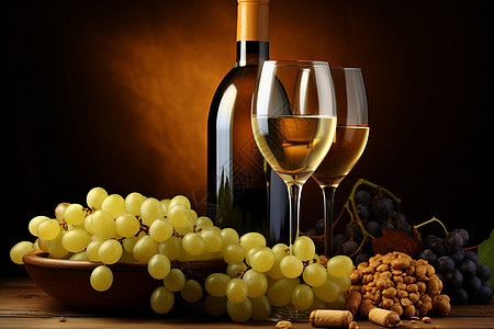 桌子上的葡萄和酒图片